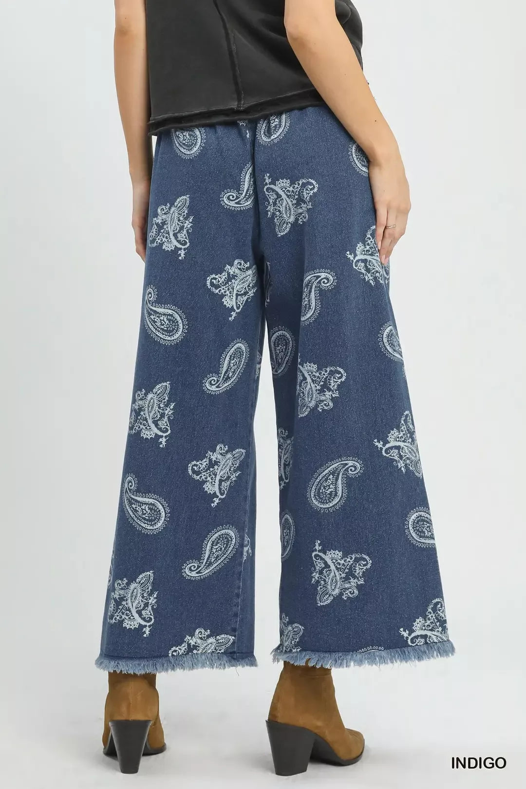 Paisley print wide leg denim pants back view