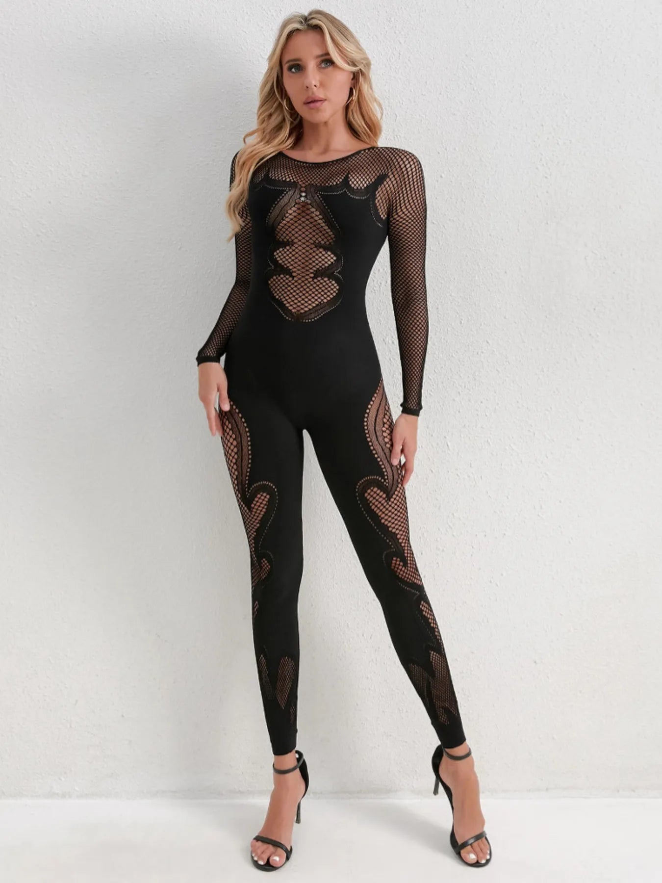 Fishing Net Sheer Long Sleeve Jumpsuit - Fashorio