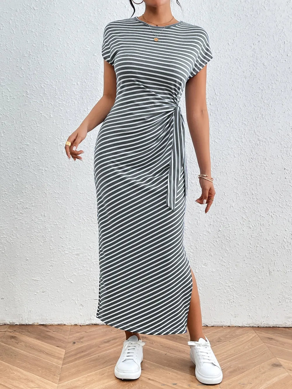 striped round neck short sleeve tee dress front view