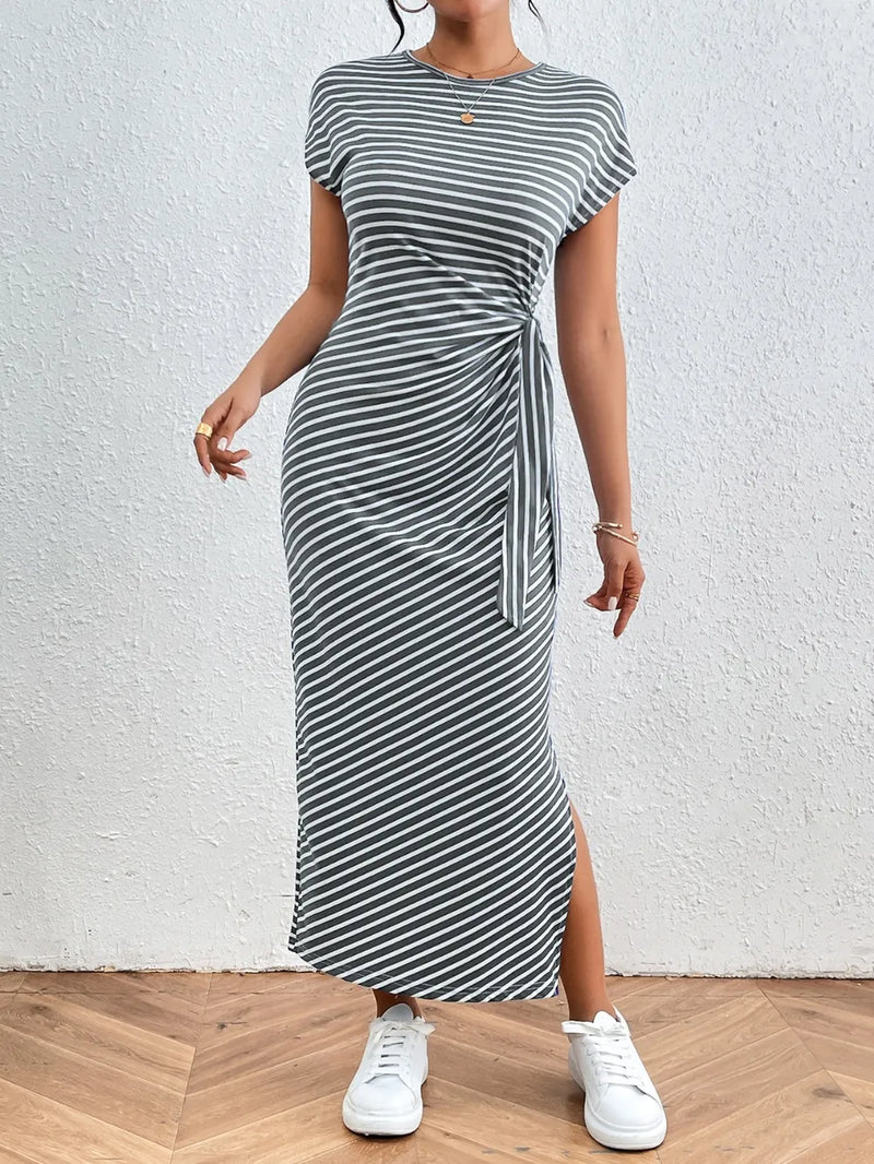 striped round neck short sleeve tee dress front view