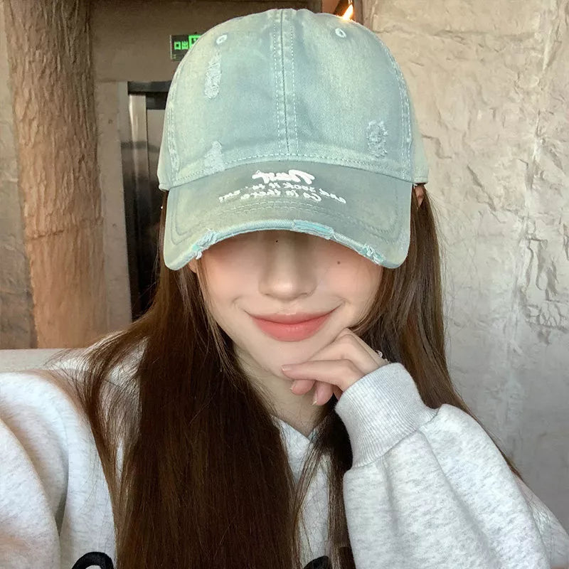 Distressed embroidered baseball cap front view