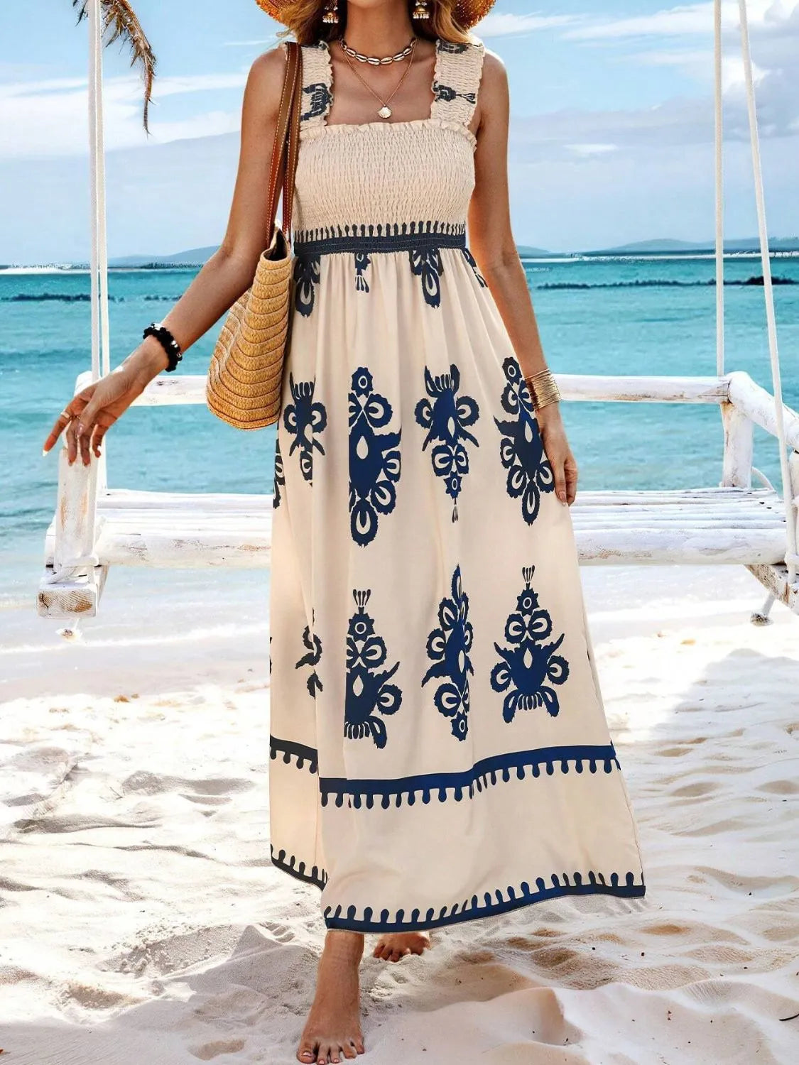 Smocked Printed Wide Strap Maxi Dress, view 16