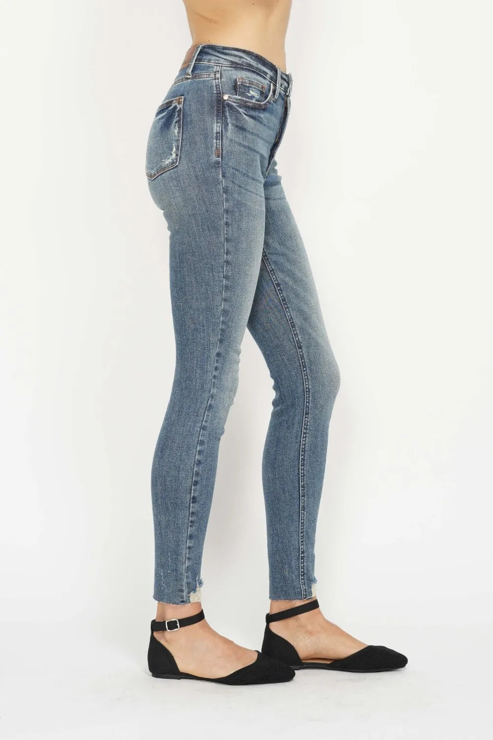 Judy Blue Tummy Control Vintage Wash Hem Distressed Skinny Jeans styled look
