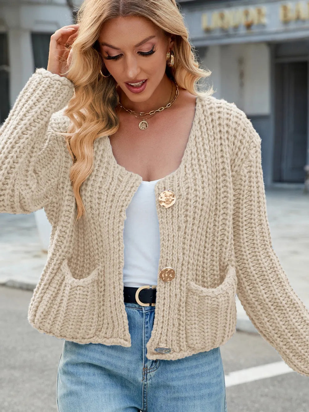 Round Neck Button Up Cardigan with Pockets - Fashorio