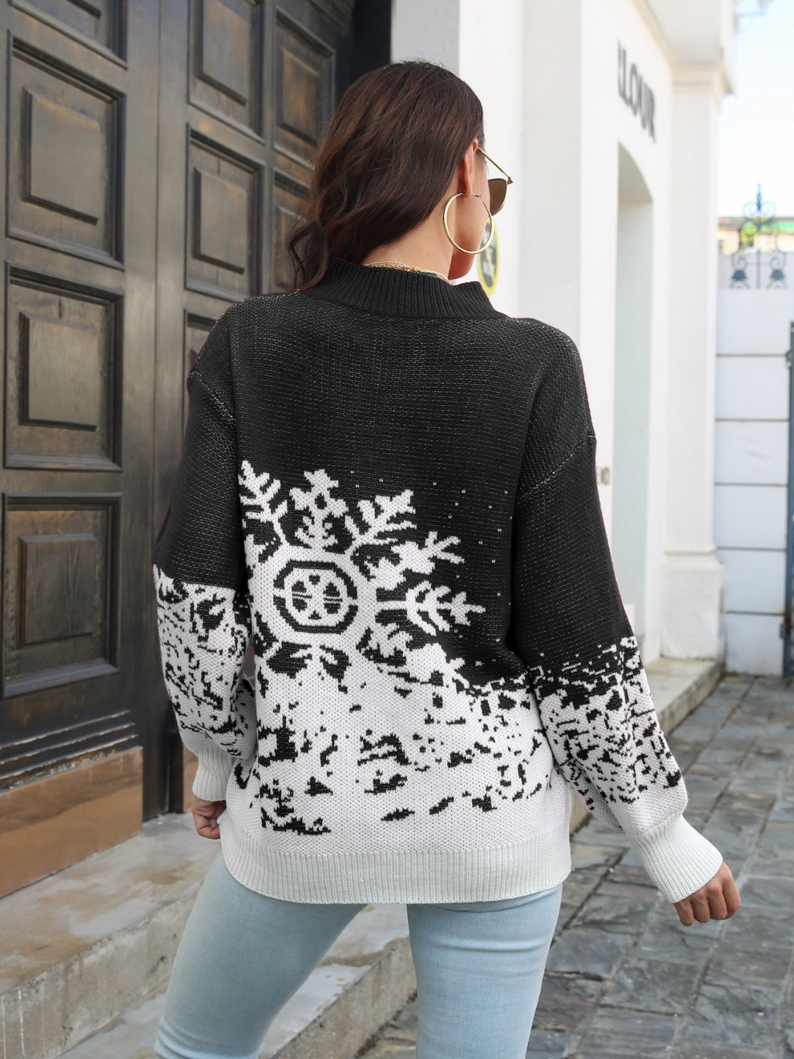 Snowflake Pattern Mock Neck Sweater - Fashorio