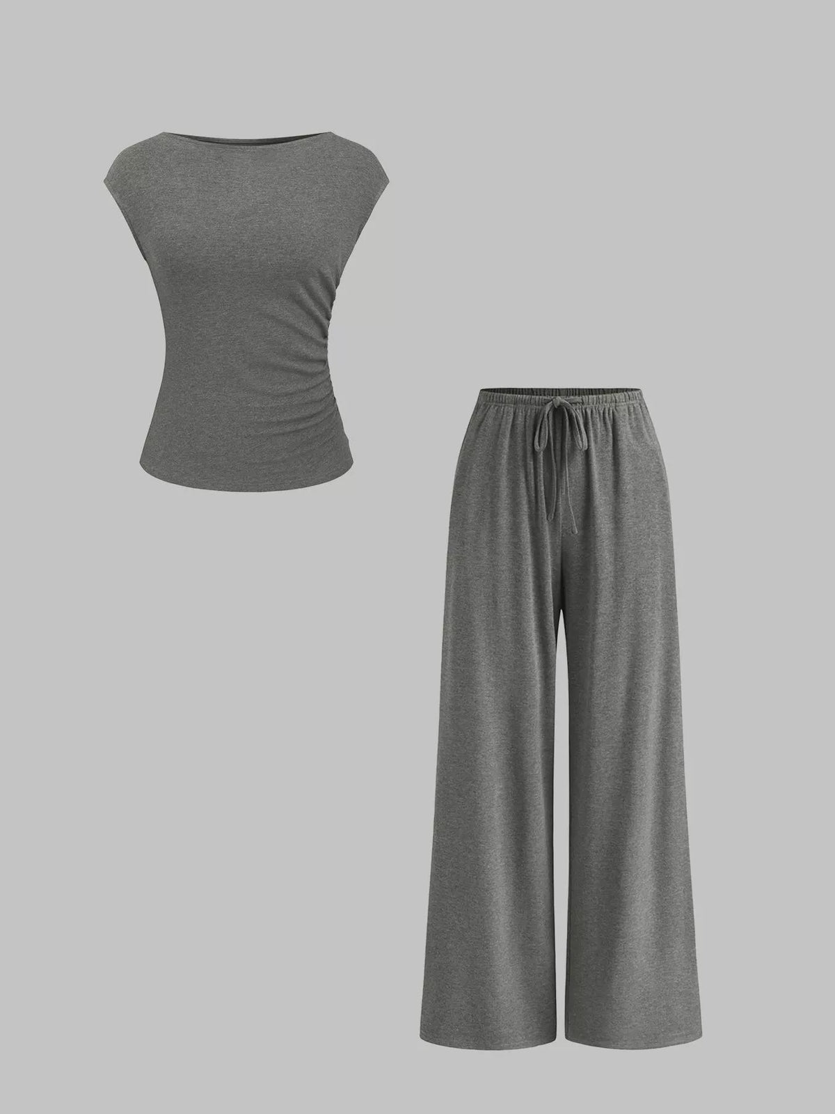 Grey solid color top and wide leg pants set