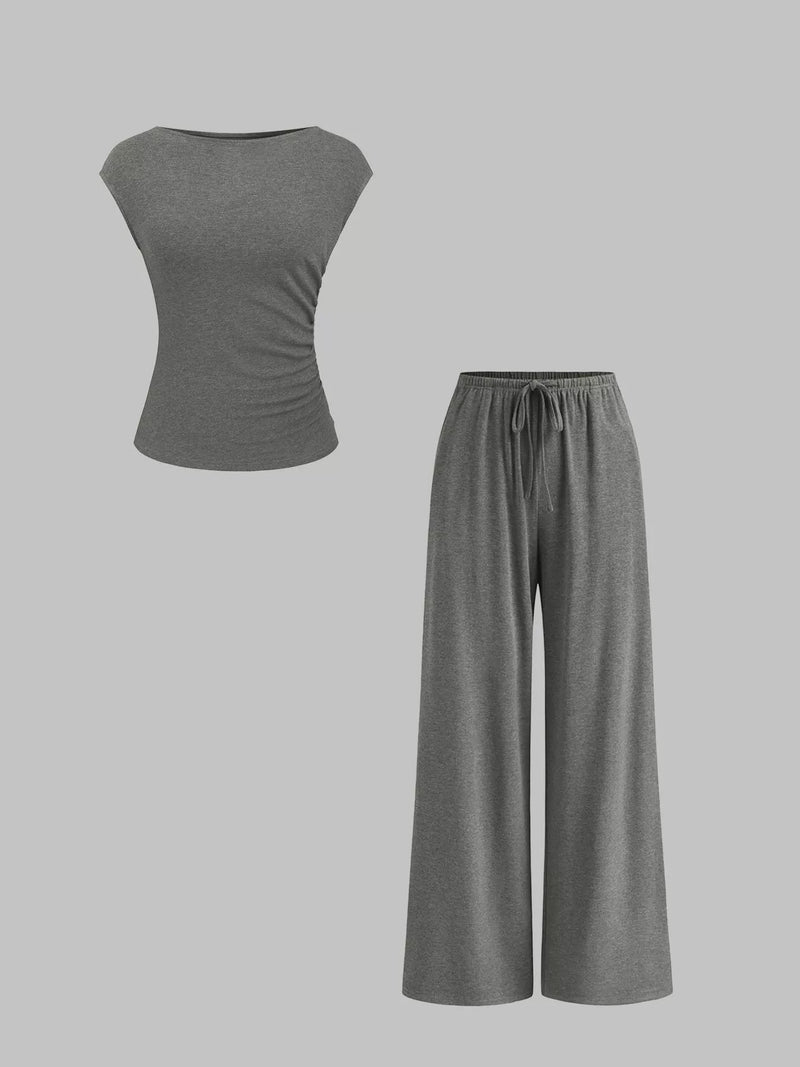 Grey solid color top and wide leg pants set
