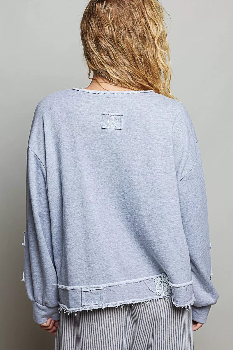 POL crochet patch V neck wrap top in heather grey close up detail