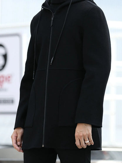 Men's Plus Size Zip Up Drawstring Hooded Wool Coat Black - Fashorio