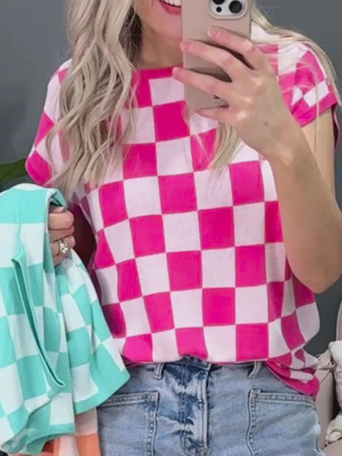 Checkered Cap Sleeve Sweater Top detail