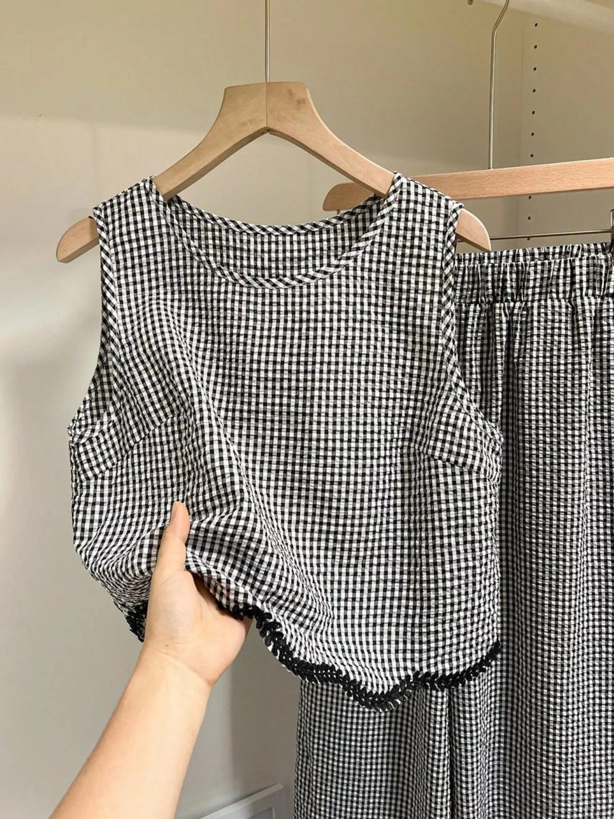 Plaid matching set styled with sandals