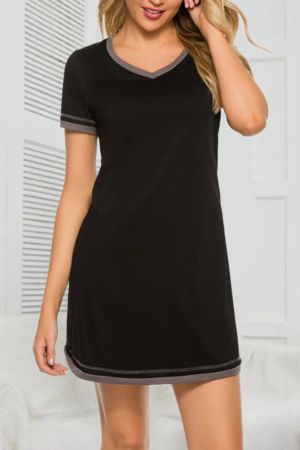 Contrast Trim Short Sleeve Lounge Dress Black - Fashorio