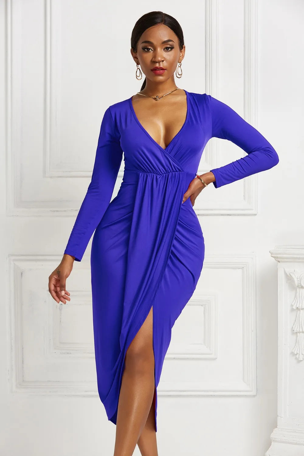 Navy ruched surplice dress front view