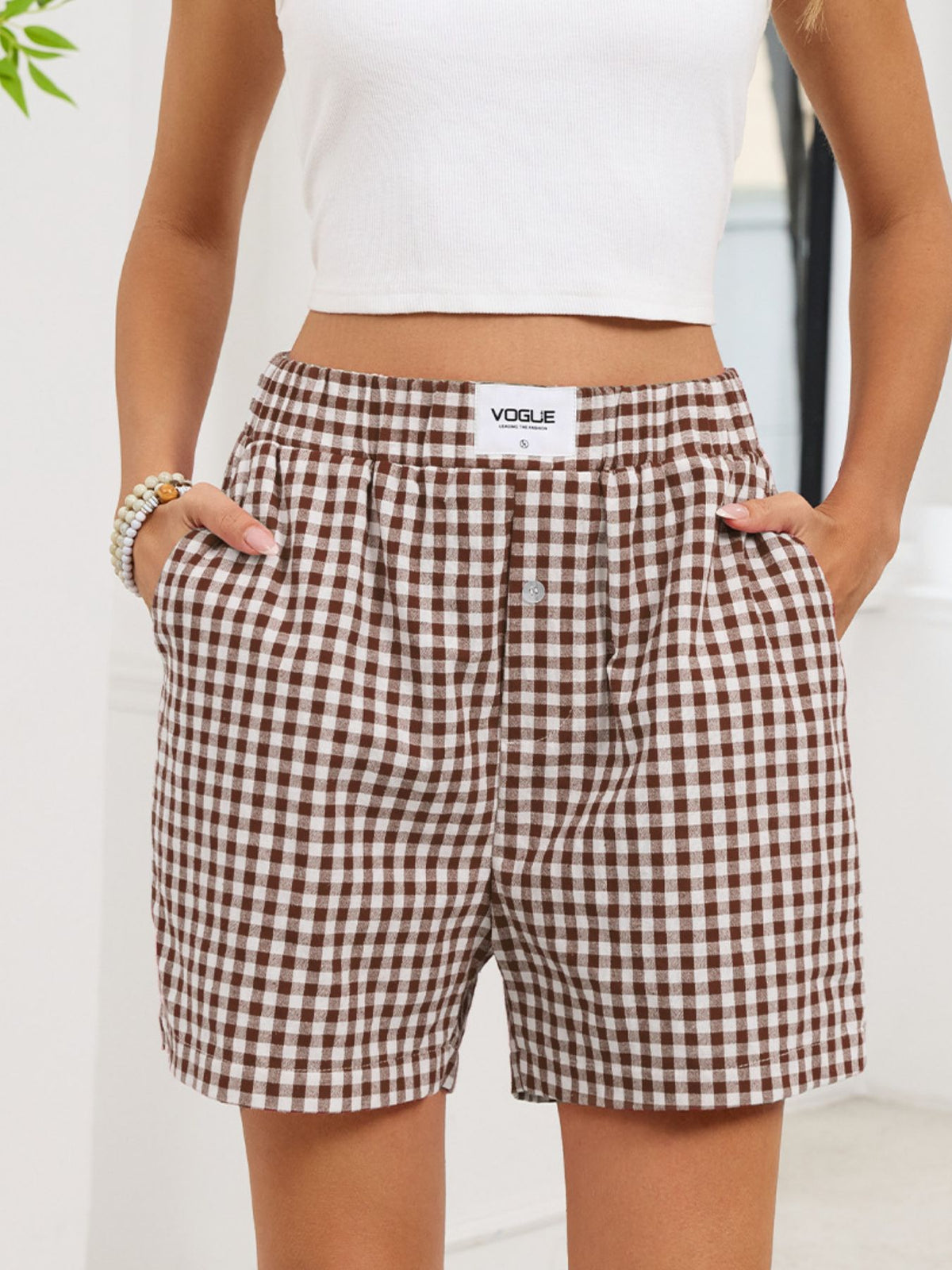 Gingham elastic waist shorts additional three quarter view