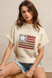 BiBi American Flag Patchwork Drop Shoulder Sweater OATMEAL - Fashorio