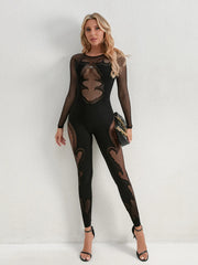 Fishing Net Sheer Long Sleeve Jumpsuit - Fashorio