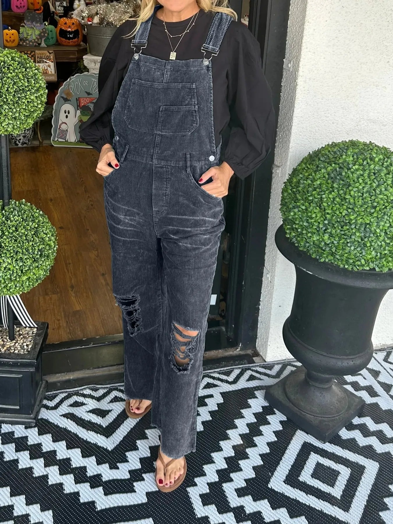 Distressed Wide Leg Corduroy Overalls Black - Fashorio