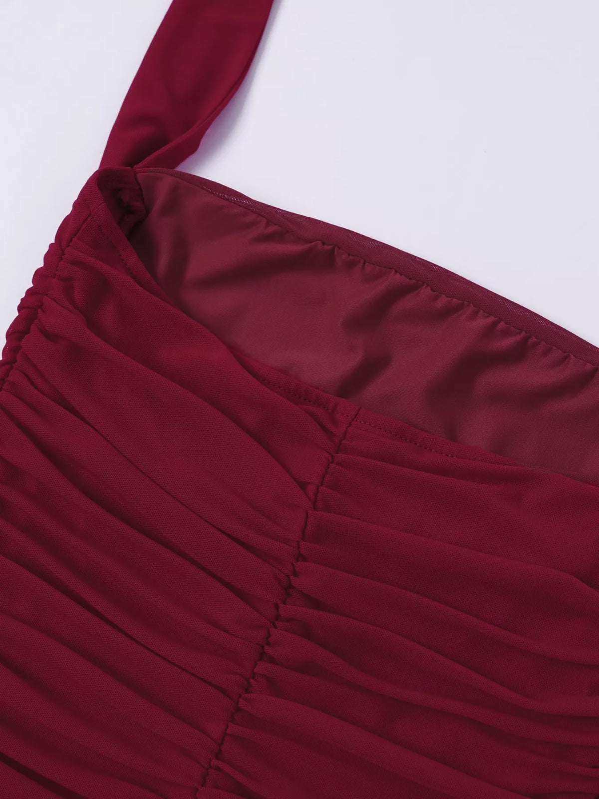 Halter neck ruched slit maxi dress back detail