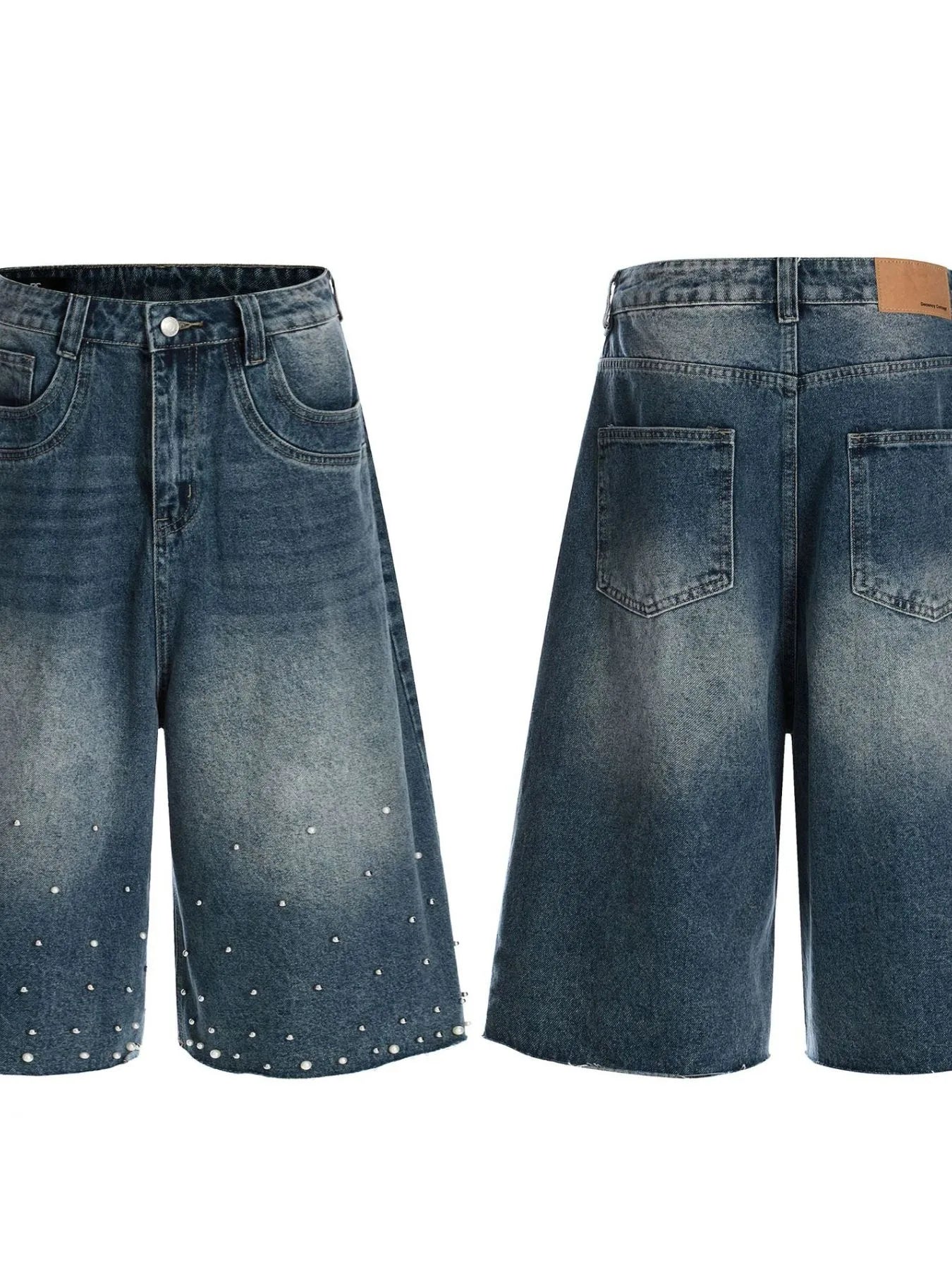 Men's Pearl Embellished Wide Leg Denim Shorts - Fashorio