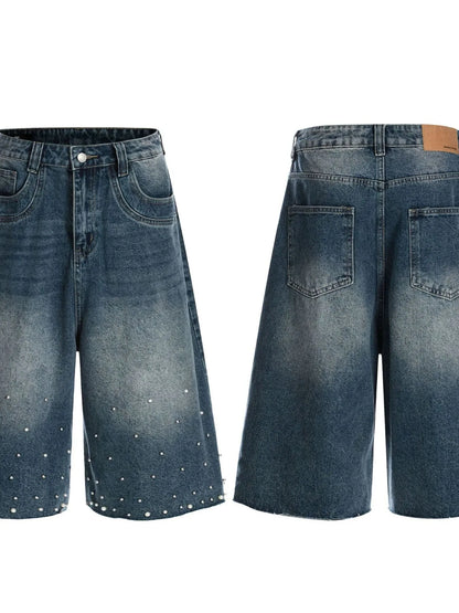 Men's Pearl Embellished Wide Leg Denim Shorts - Fashorio