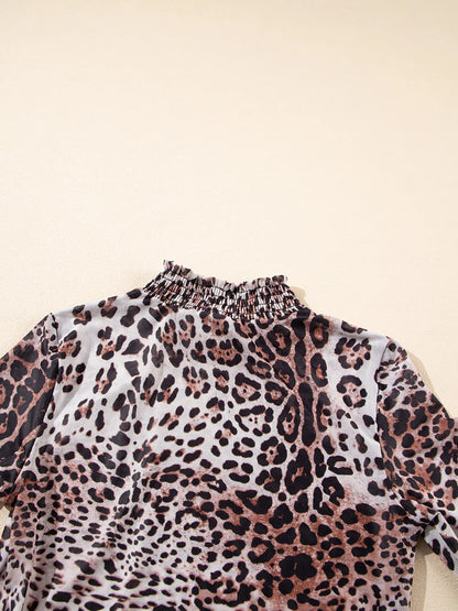 Leopard Print Long Sleeve Mock Neck Bodysuit - Fashorio