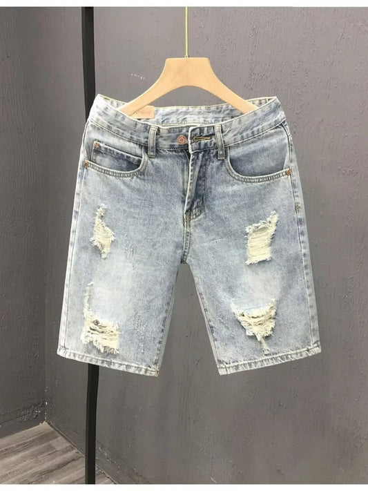 Men's Distressed Wash Denim Shorts Light Blue - Fashorio
