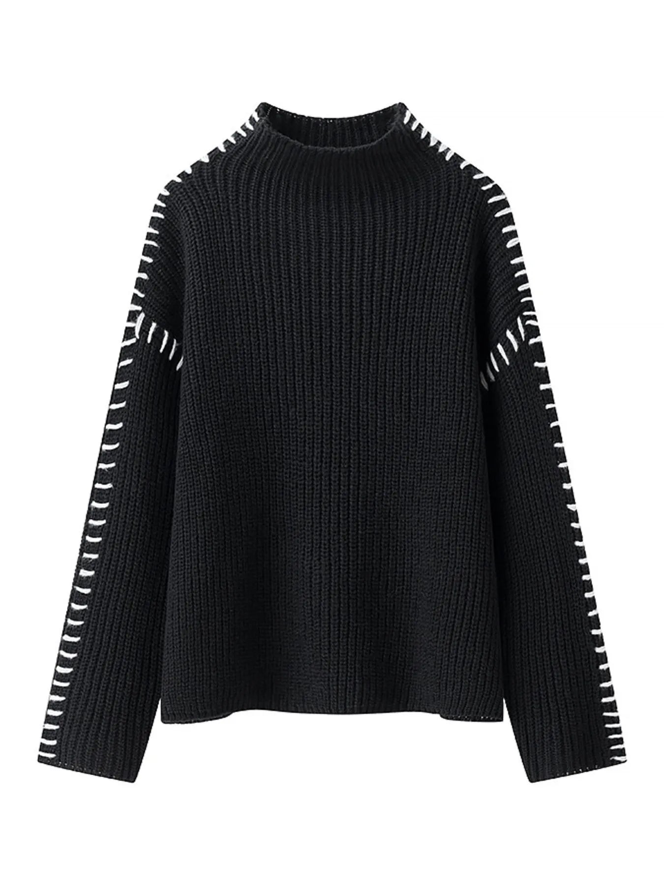 Contrast Mock Neck Long Sleeve Sweater - Fashorio