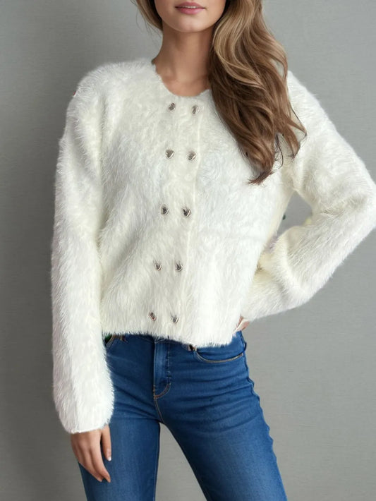 Heart Button Round Neck Cardigan White One Size - Fashorio