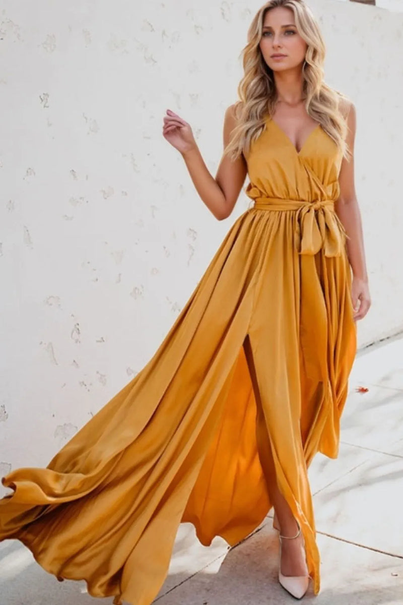 Surplice tie waist maxi dress front view