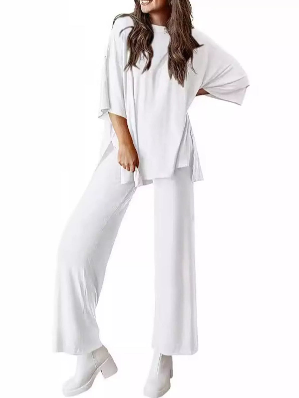 Relaxed Fit Round Neck Top and Pants Set, view 15