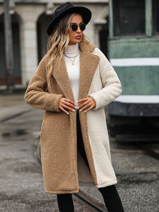 Contrast Dropped Shoulder Sherpa Coat Camel - Fashorio