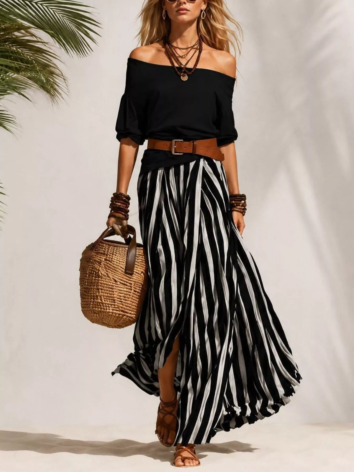 Off shoulder striped maxi skirt set full look