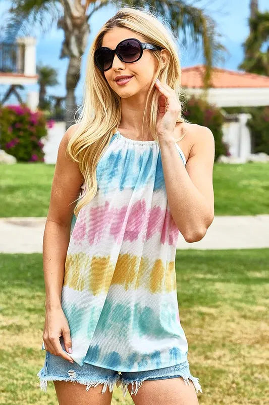 Multicolor tie dye halter top side view