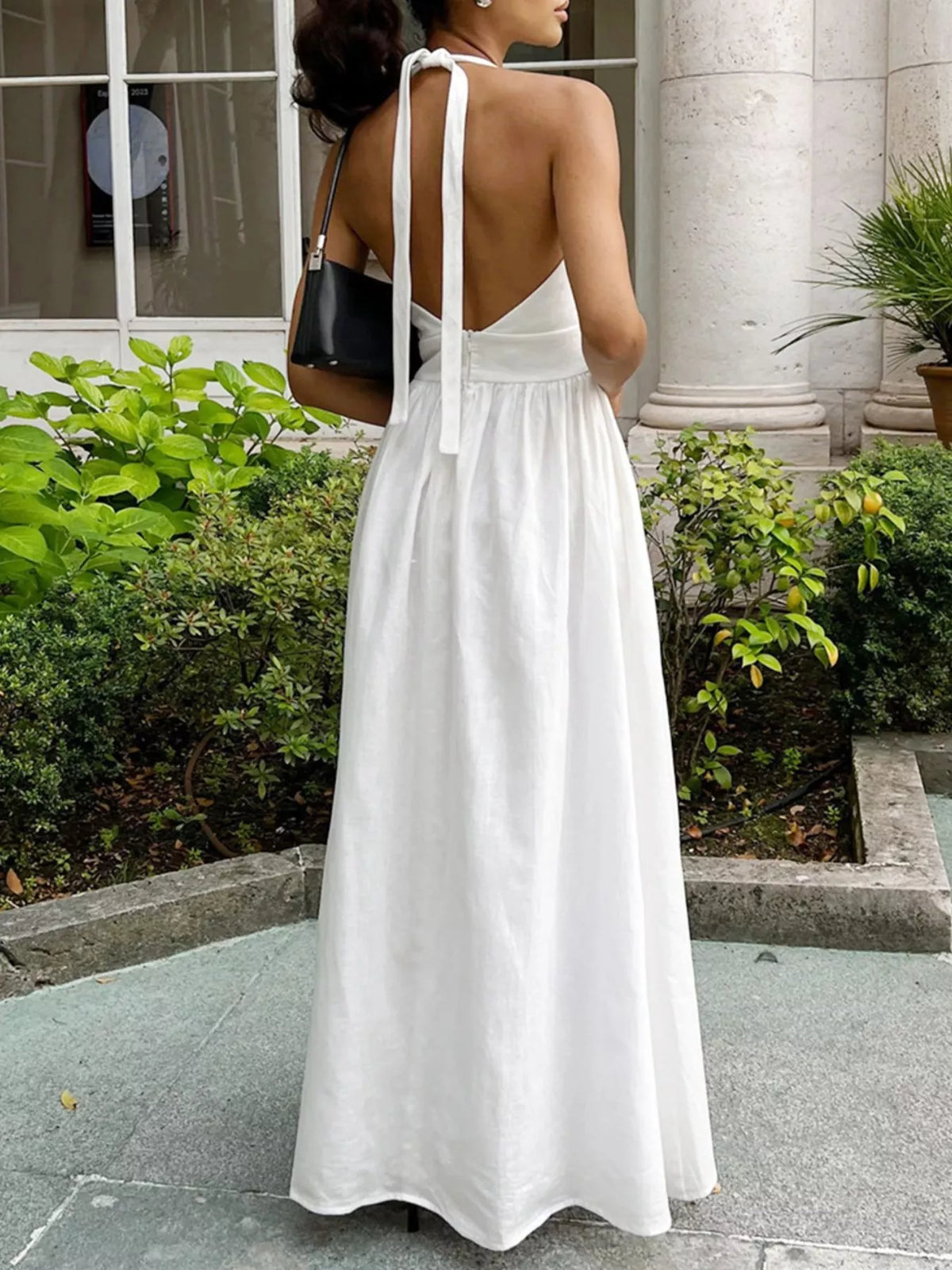 white halter neck tied flowy maxi dress styled outfit view