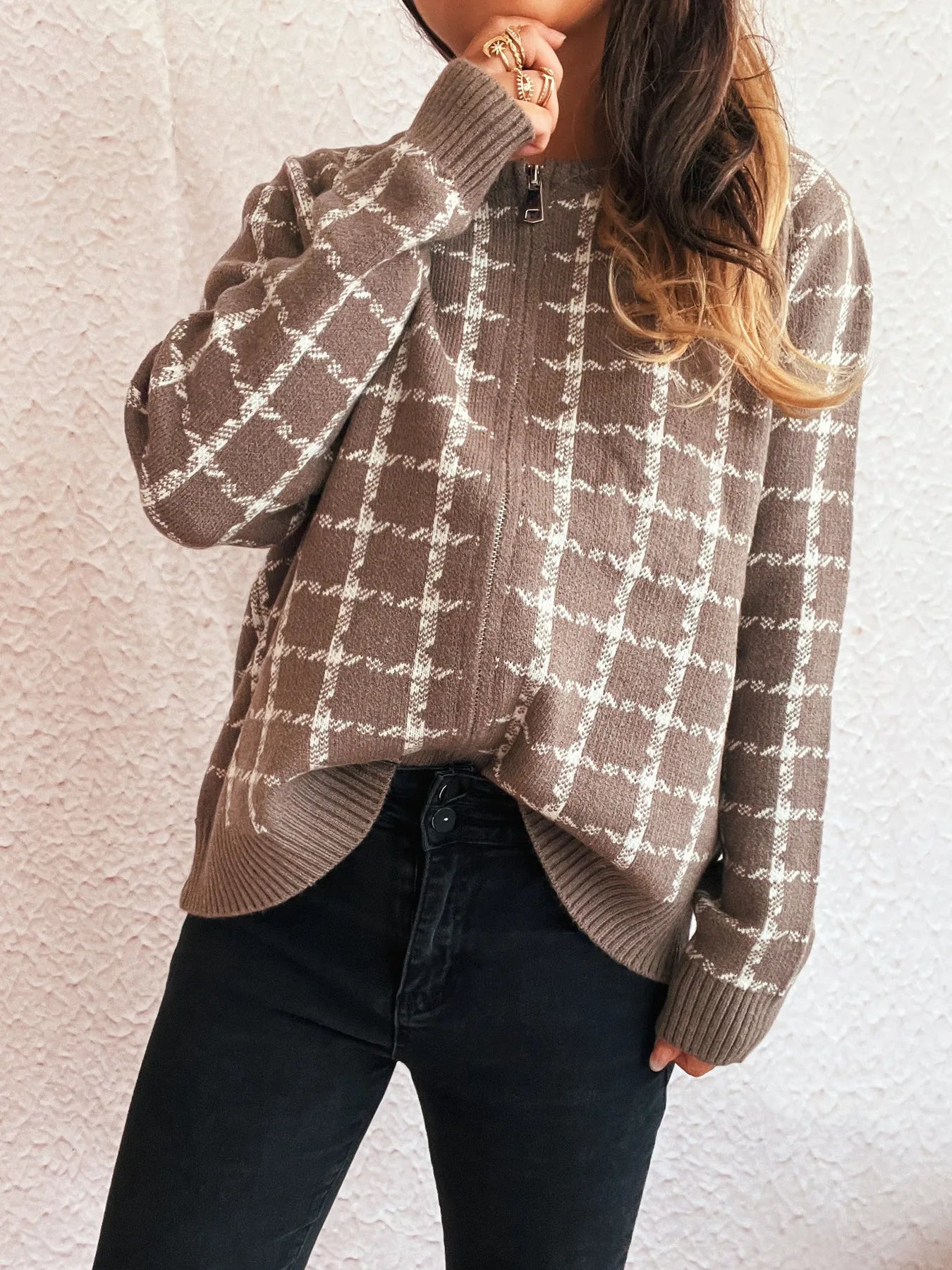 Plaid Pattern Zip Up Cardigan - Fashorio