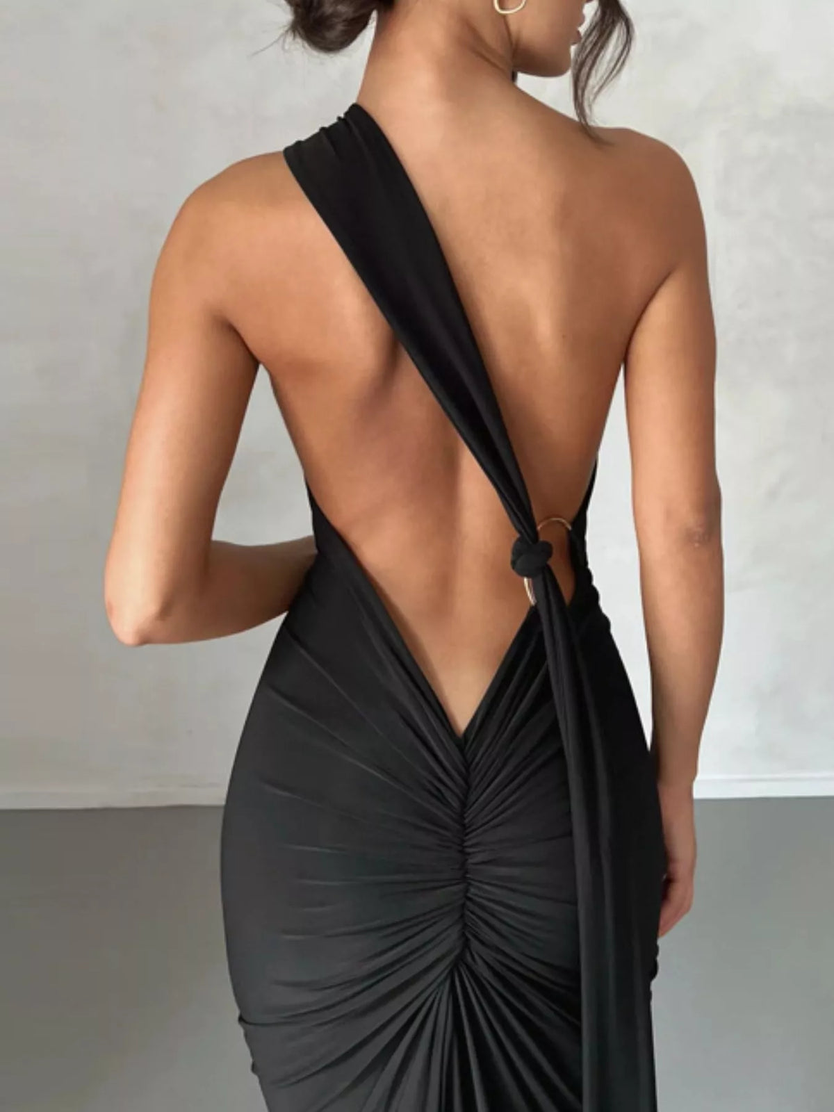 One Shoulder Ruched Bodycon Maxi Dress front view