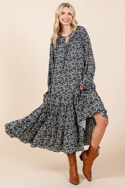 Printed Tie Neck Flounce Sleeve Midi Dress styled look