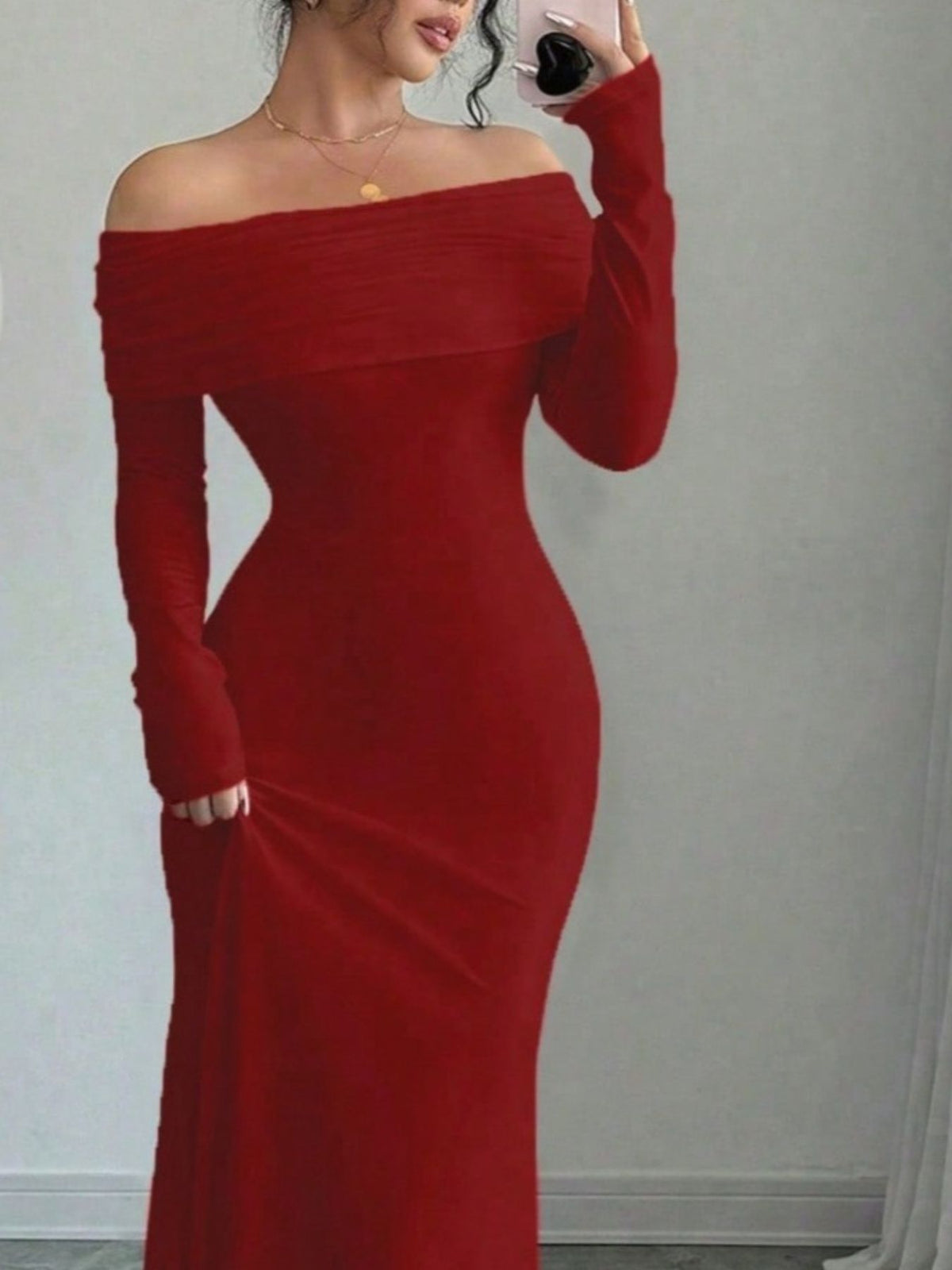 off shoulder long sleeve maxi dress seated styled look