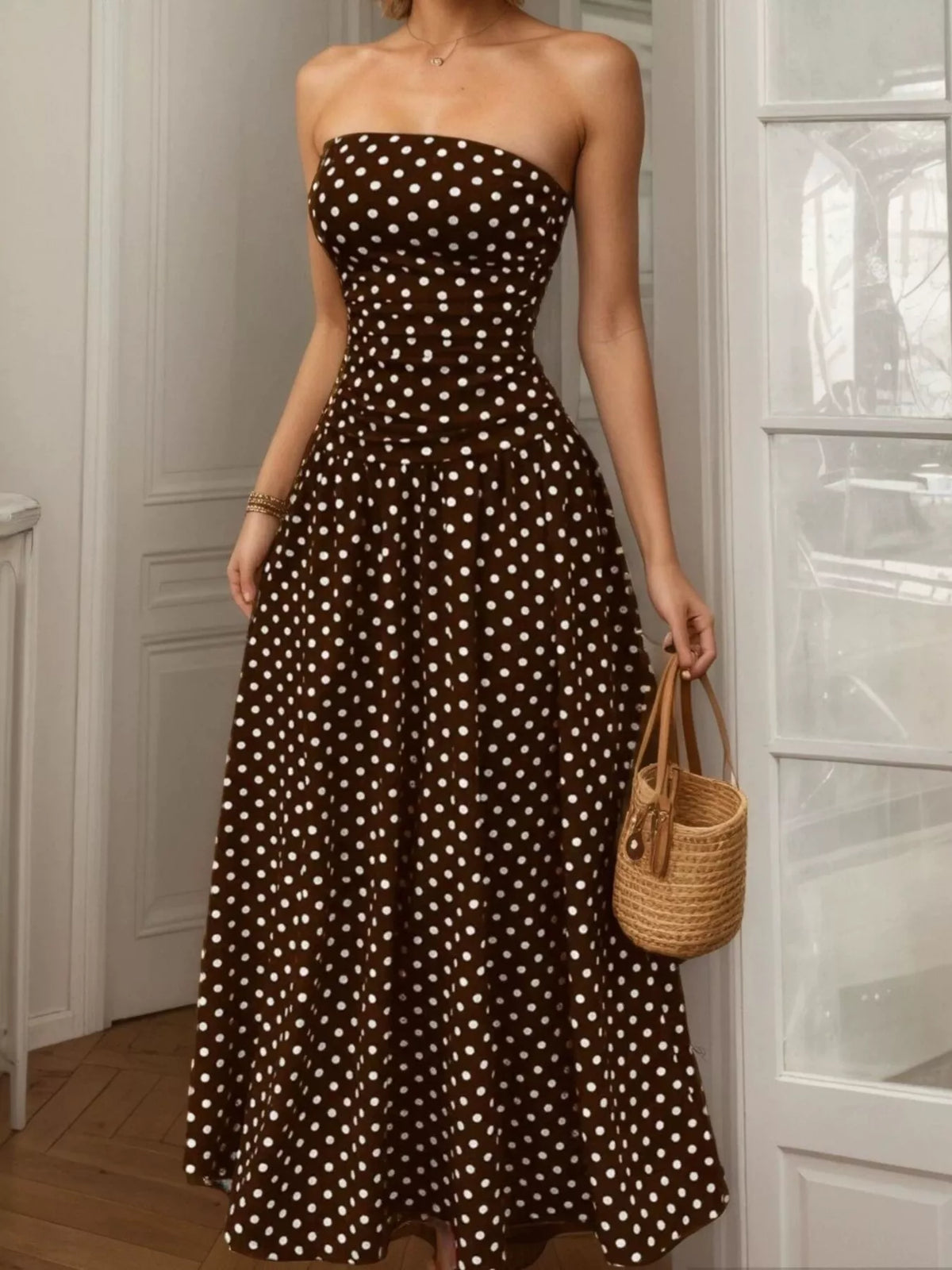 Polka dot strapless maxi dress front view
