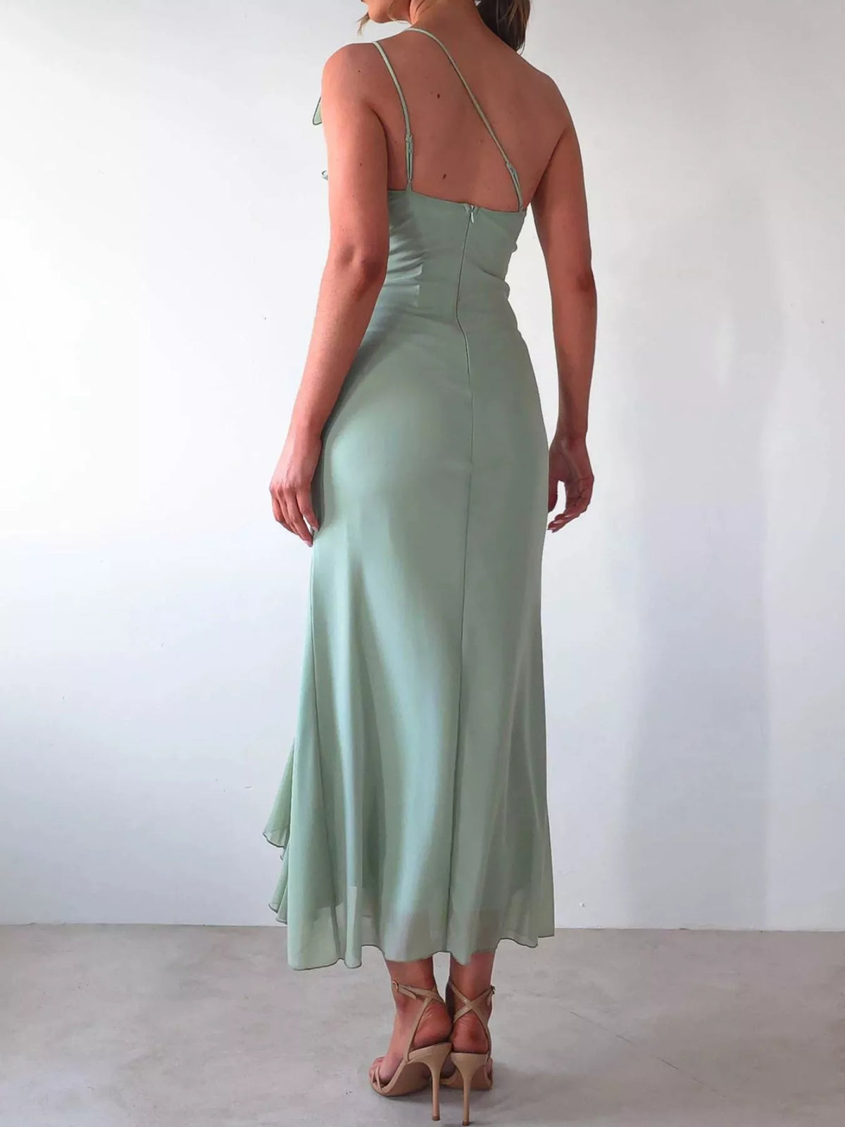 one shoulder ruffle slit dress fabric detail