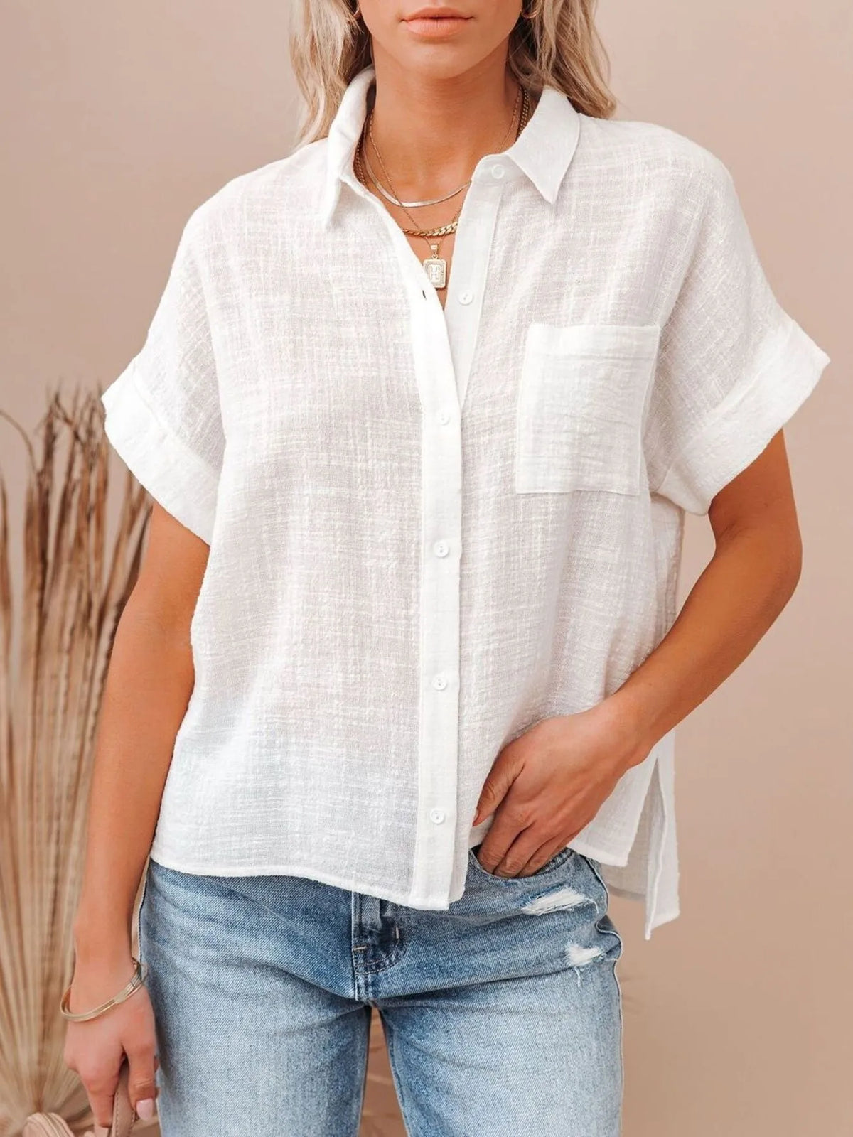 Cotton button up short sleeve shirt front view
