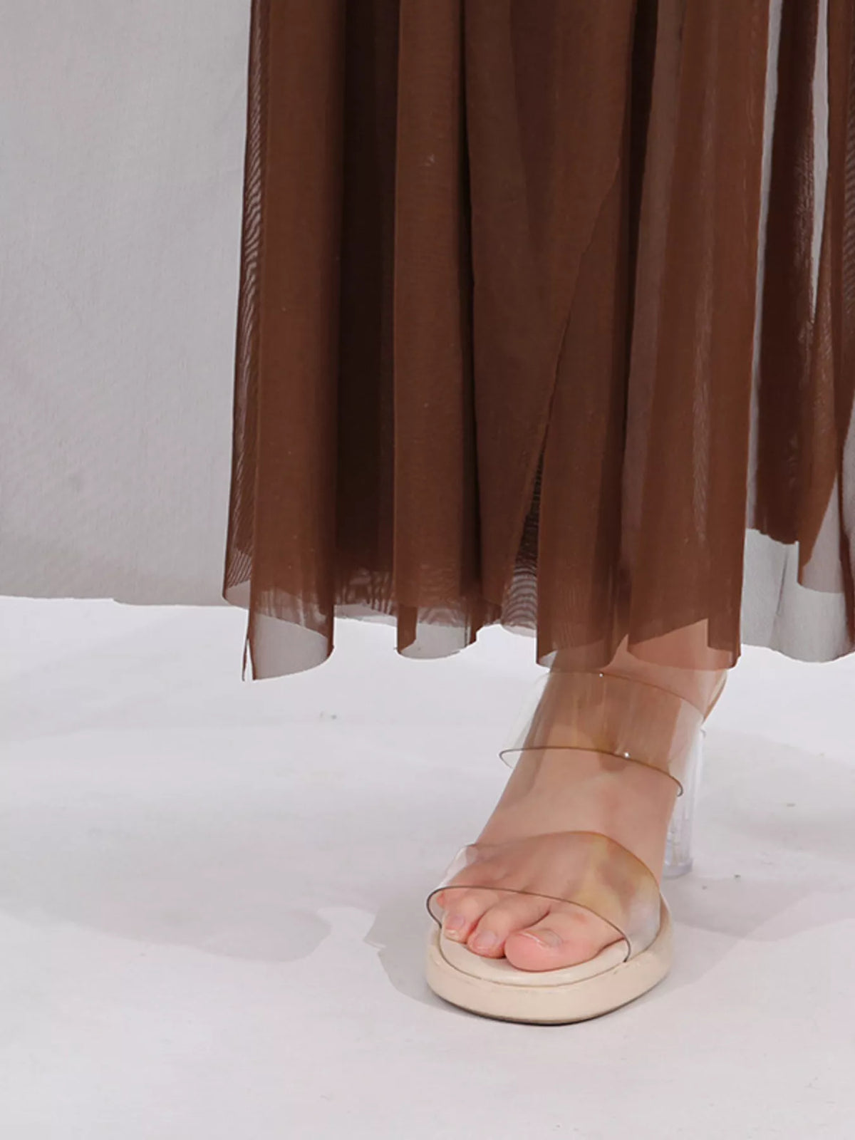 Coffee brown one shoulder flowy mesh midi dress, side view