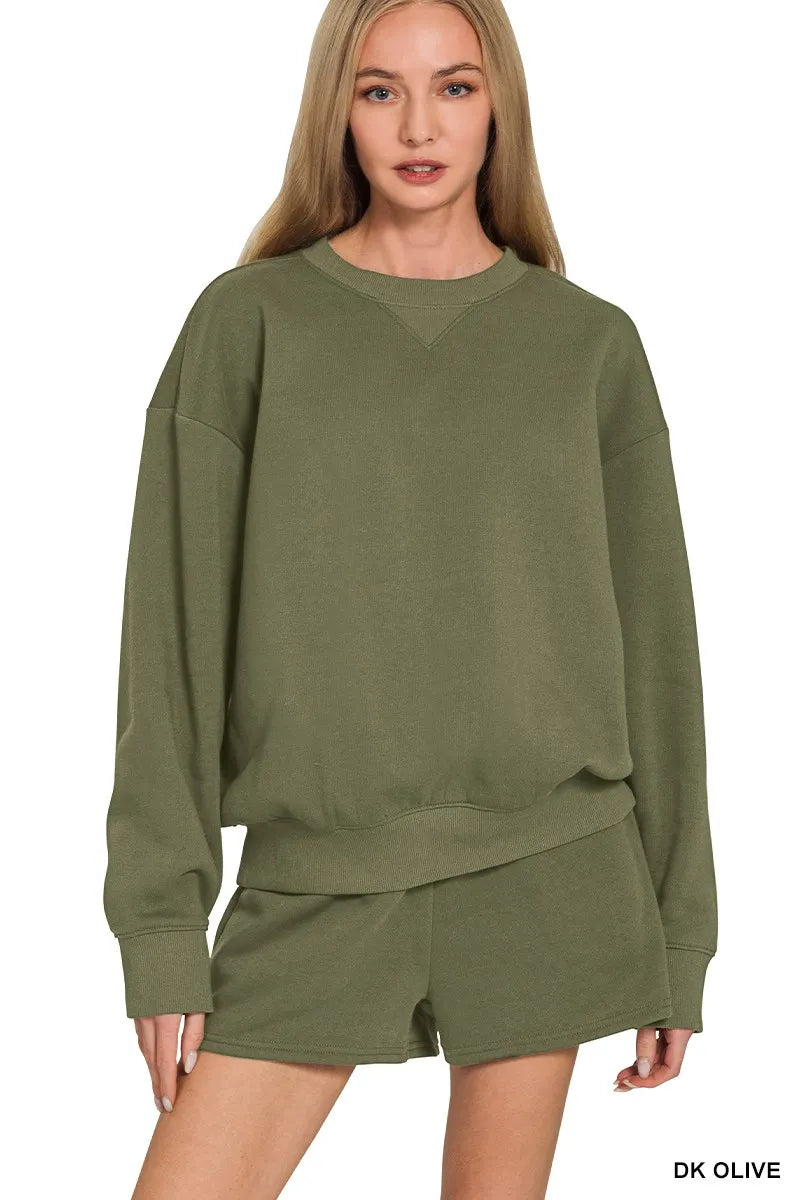 Fleece sweatshirt and shorts set olive front view