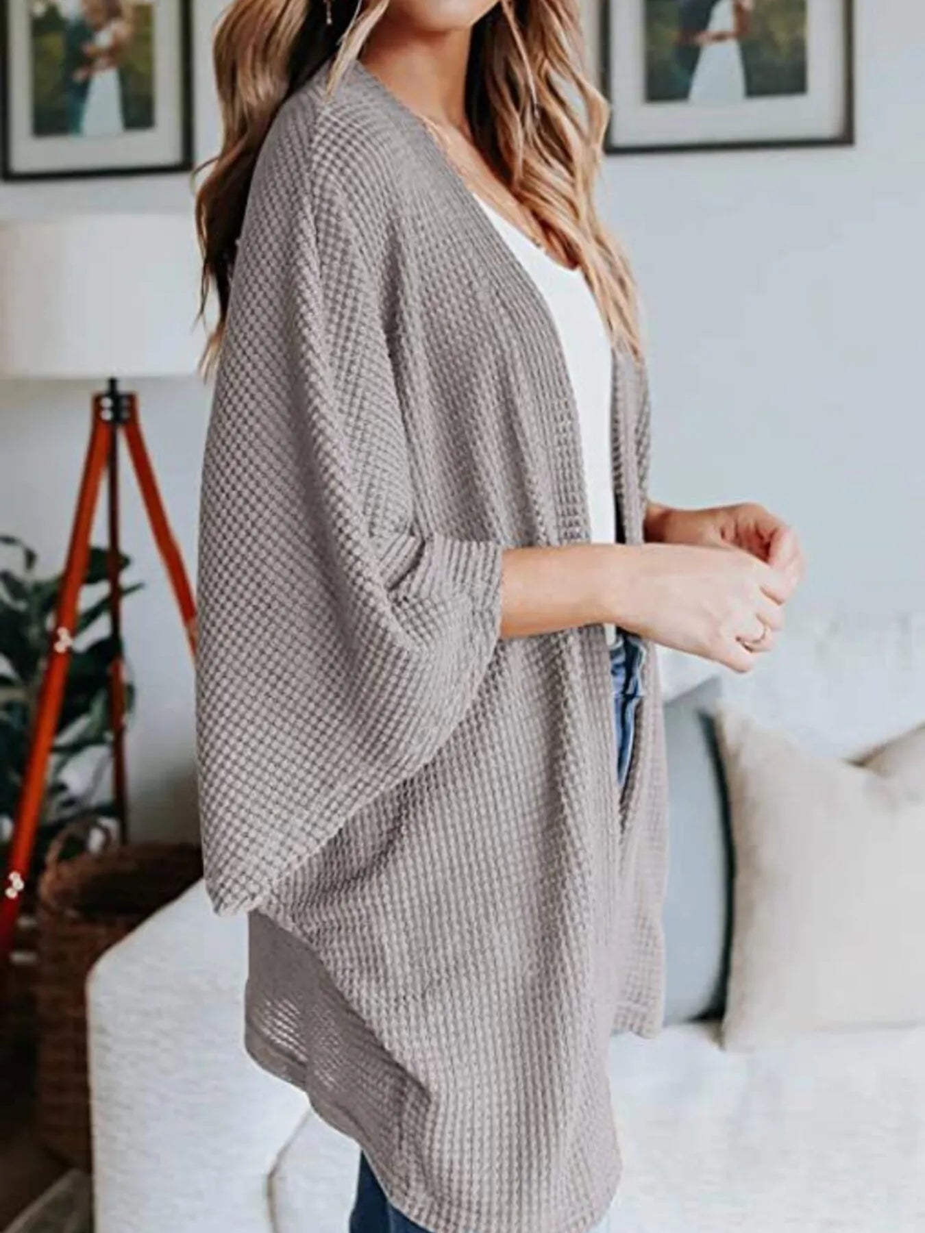 Full Size Open Front Waffle Knit Cardigan Plus Size Grey - Fashorio