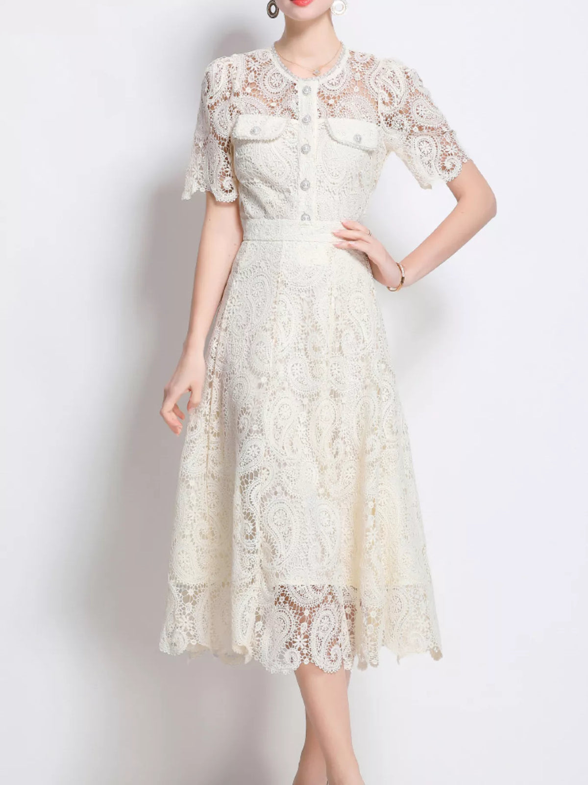 Apricot lace button up top and skirt set front view