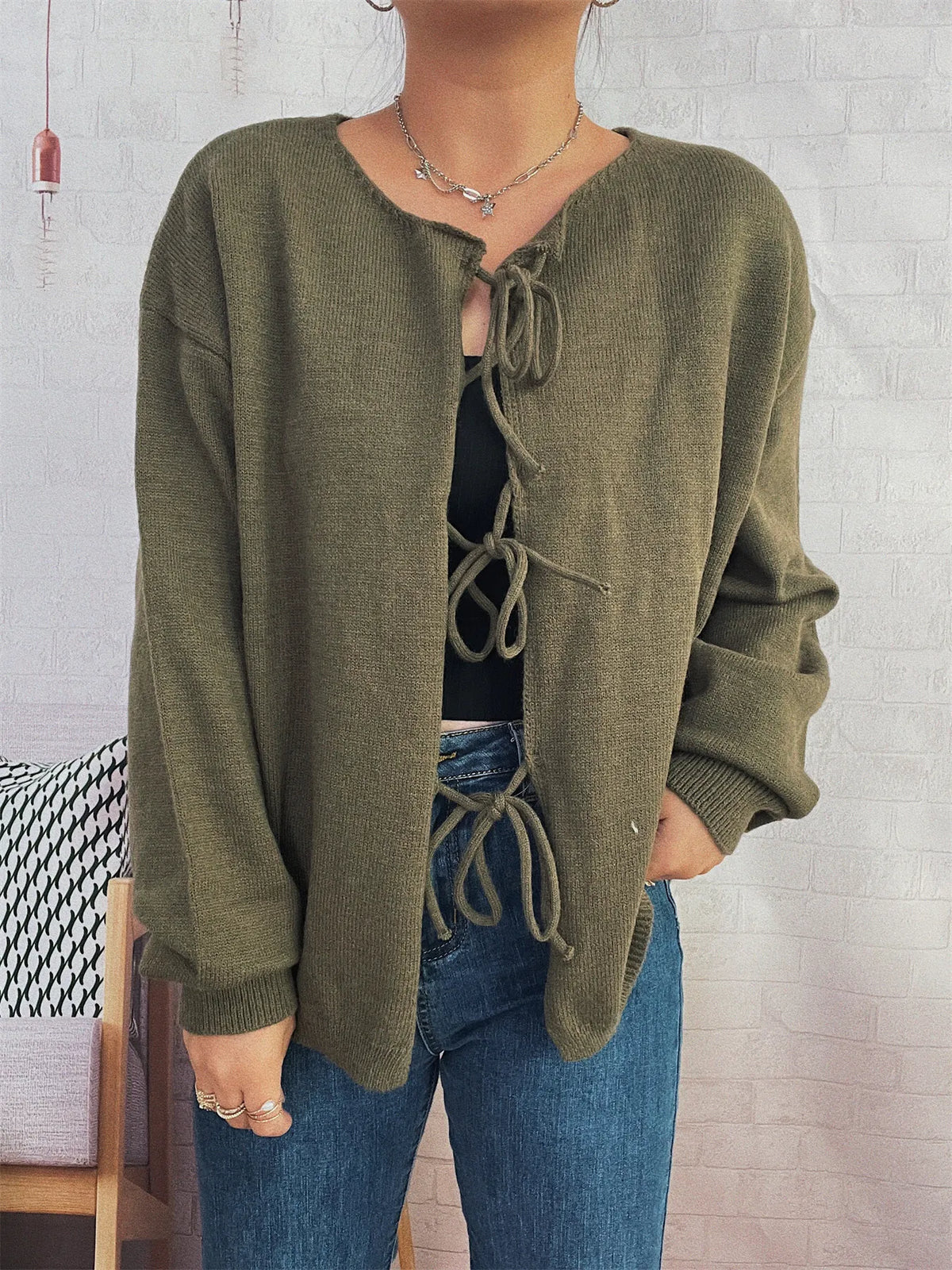 Tie front drop shoulder cardigan, shoulder detail