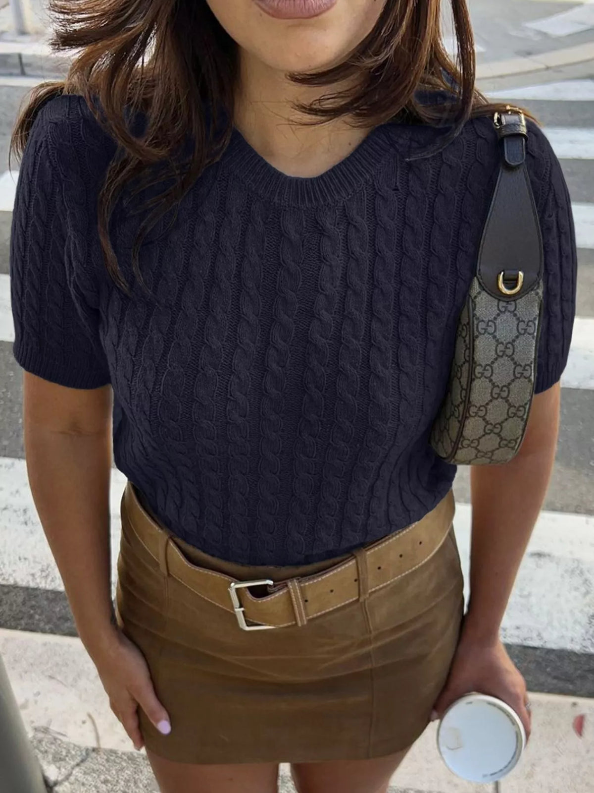 cable knit short sleeve sweater side profile view