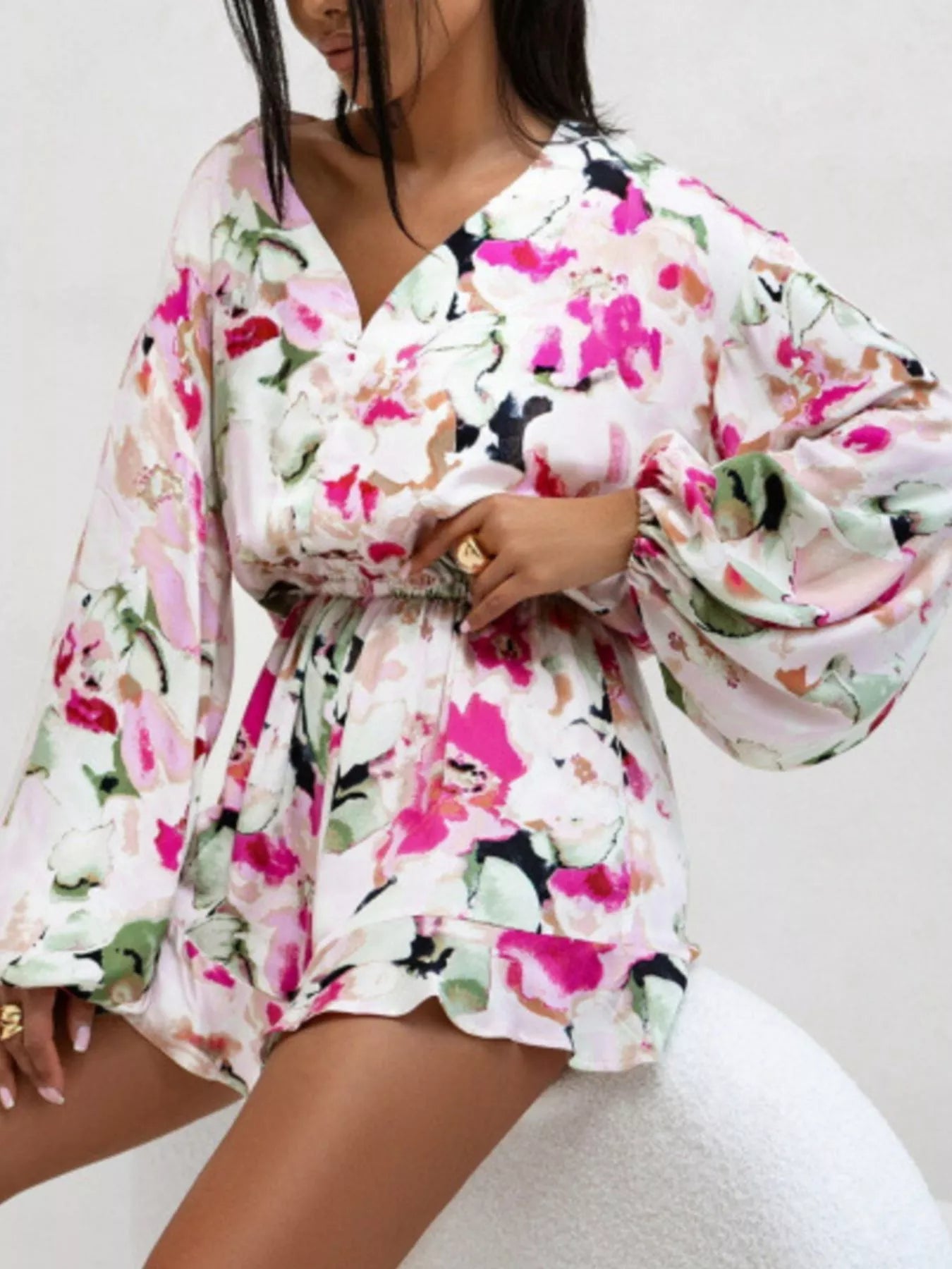 Floral V-Neck Long Sleeve Romper with Elastic Waist White - Fashorio