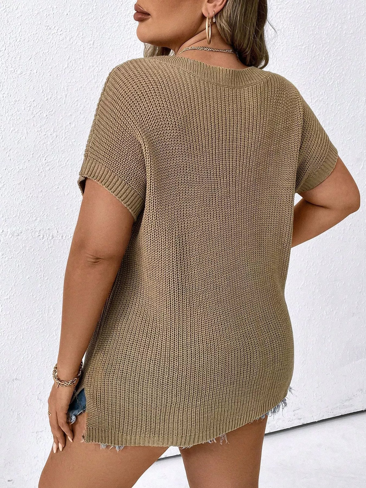 Plus size v neck short sleeve knit top, knit texture detail