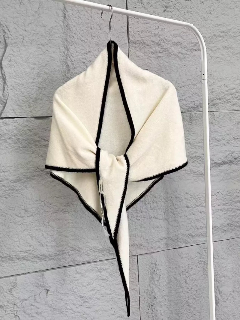 Off white wool contrast trim scarf draped softly